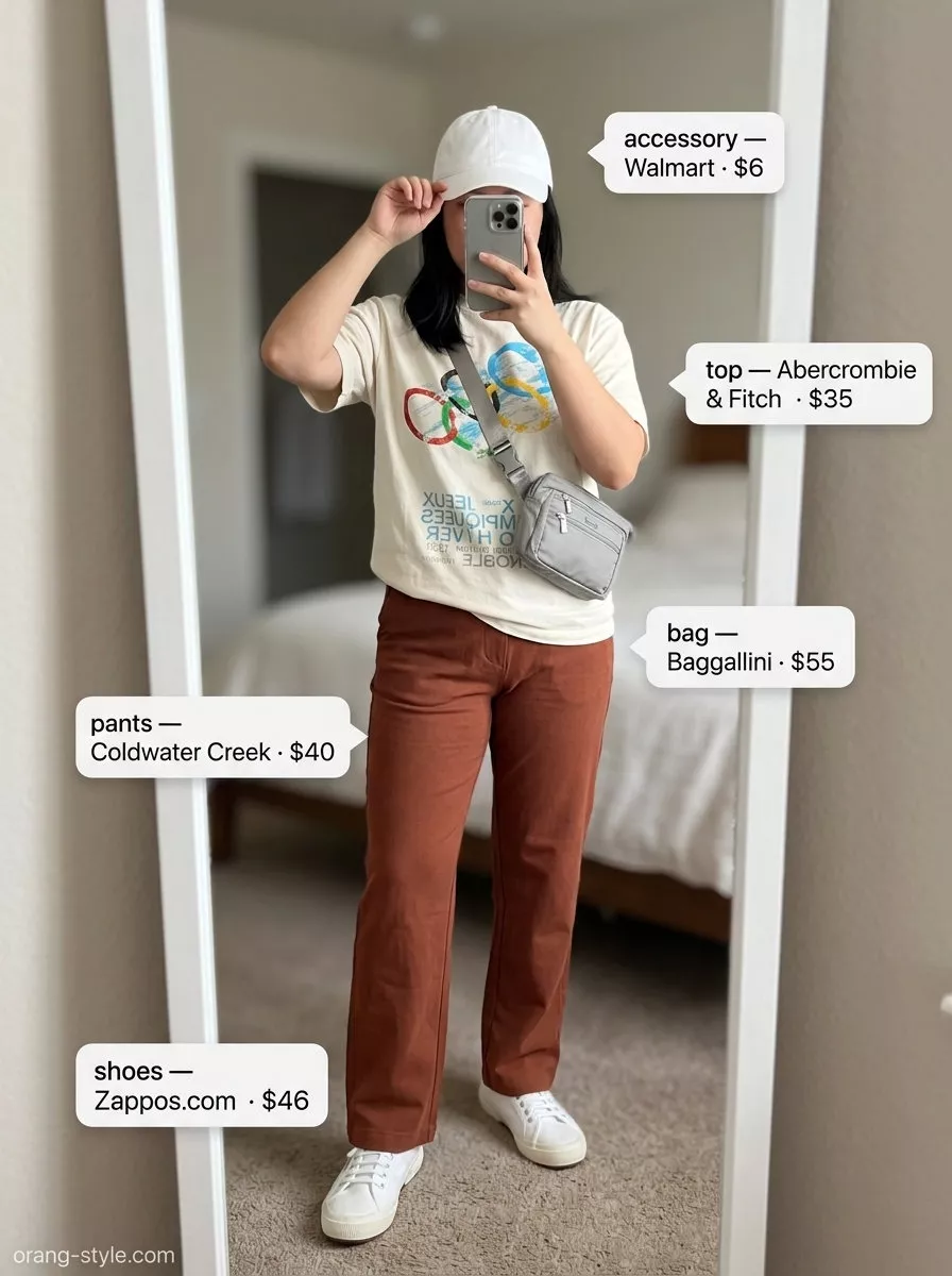 Casual summer outfits for women 2026: Coral cotton pants, graphic tee, canvas sneakers, and cap for a relaxed day.