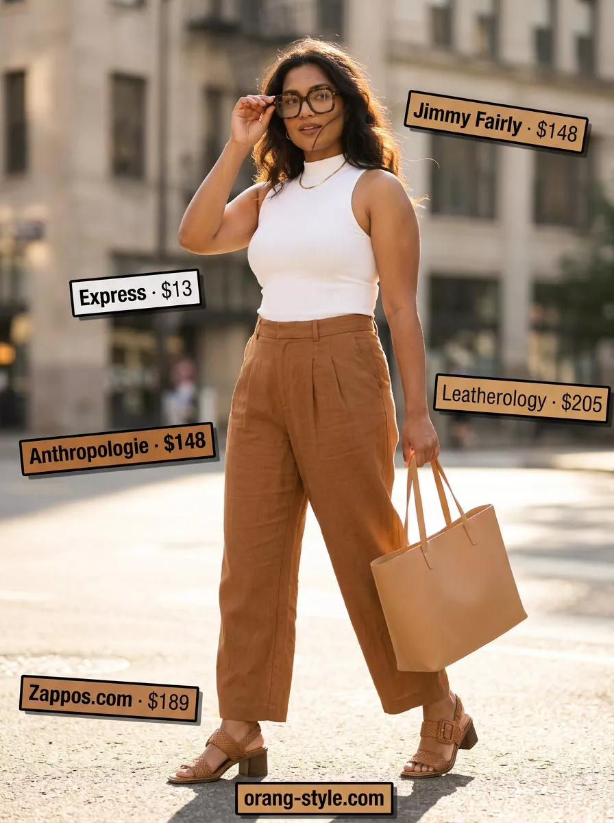 Comfortable camel brown linen pants for women 2026, styled with a white top and leather tote for city exploration.