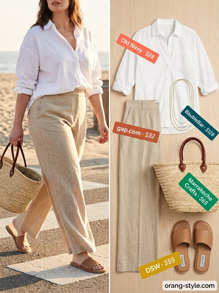 Chic sand beige cotton pants for women 2026, paired with an oversized white shirt and straw tote for a beach vacation.