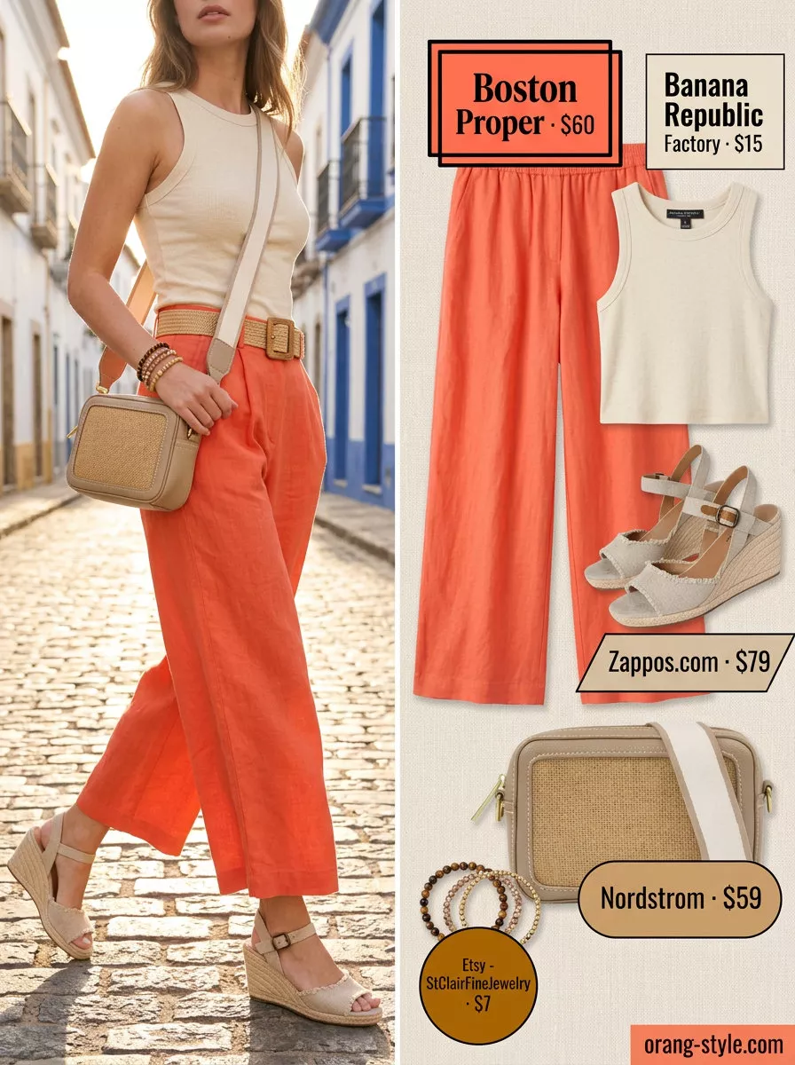 Summer cotton pants for women 2026: Coral linen culottes, ribbed tank, and espadrilles for a vibrant evening out.
