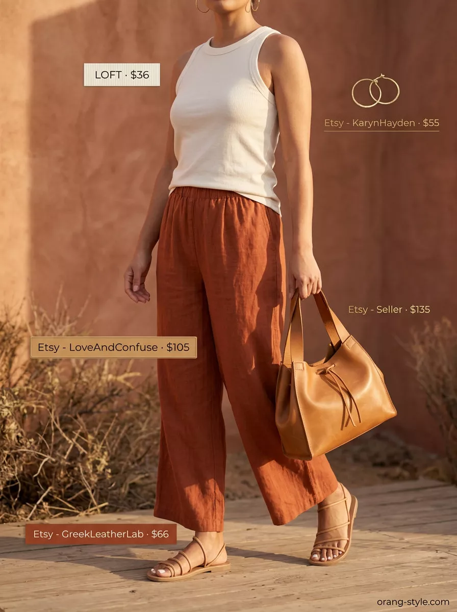 Summer cotton pants for women 2026: Rust orange linen pants, cream knit tank, and leather sandals for desert evenings.