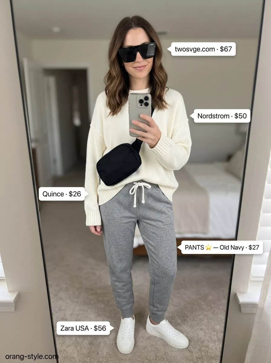 Heather grey cotton blend joggers for elevated athleisure. Style with ribbed sweater and sneakers.