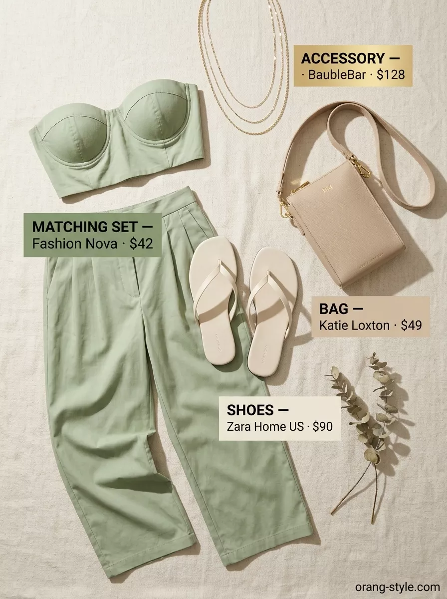 Summer cotton pants for women 2026: Sage green linen co-ord set with wide-leg pants for vacation brunch.