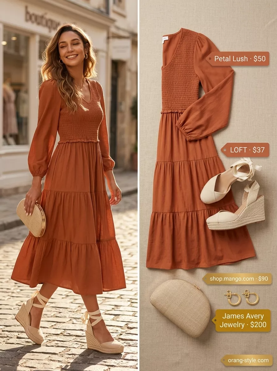 Summer outfits for women 2026: Terracotta viscose dress, wedge espadrilles, and woven clutch for a Mediterranean evening.