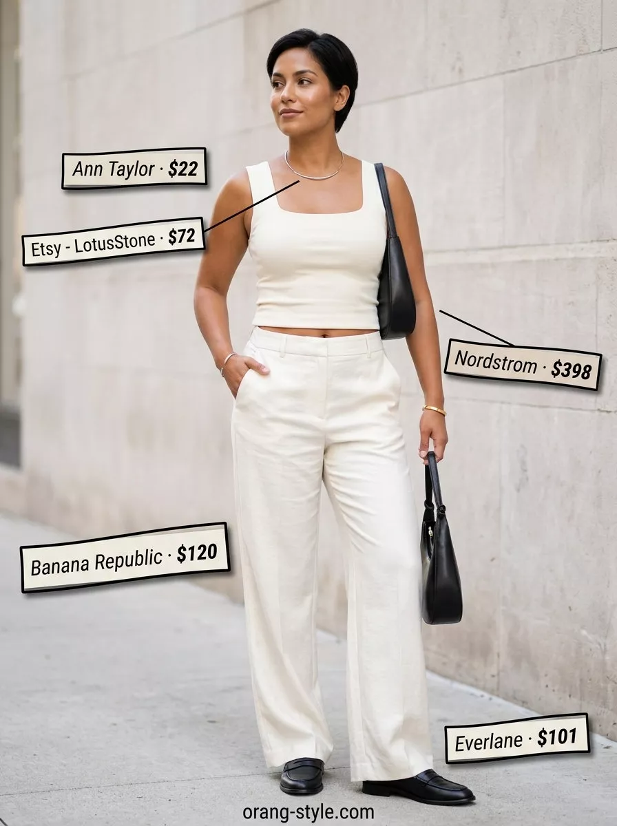 Minimalist off-white cotton pants for women 2026, styled with a black tank and loafers for a chic day out.