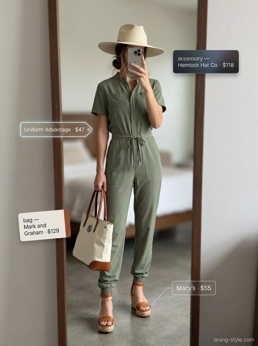 Olive green utility jumpsuit for vacation travel. Style with espadrilles, straw hat, and canvas tote.