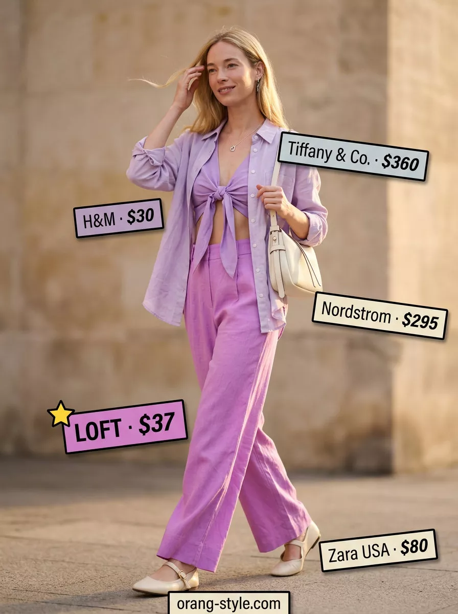 Dreamy lavender linen pants for women 2026, paired with a cream bag and ballet flats for a feminine brunch look.