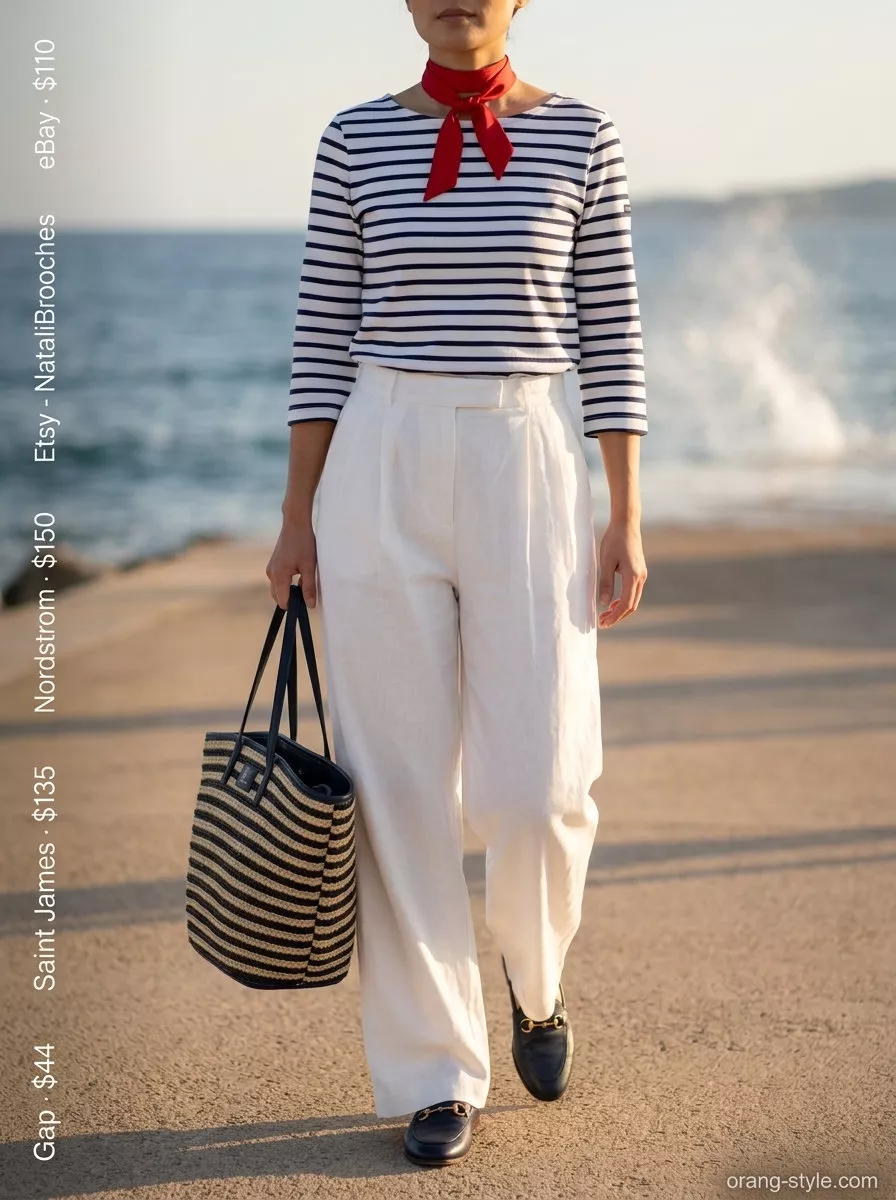 Elegant white linen pants for women 2026, paired with a Breton top and red scarf for a Riviera chic look.