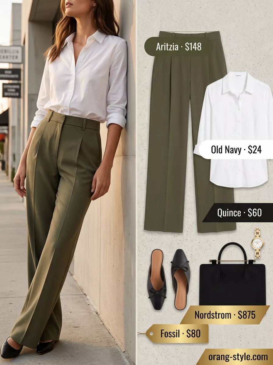 Sophisticated olive green cotton pants for women 2026, styled with a white shirt and black mules for a modern look.