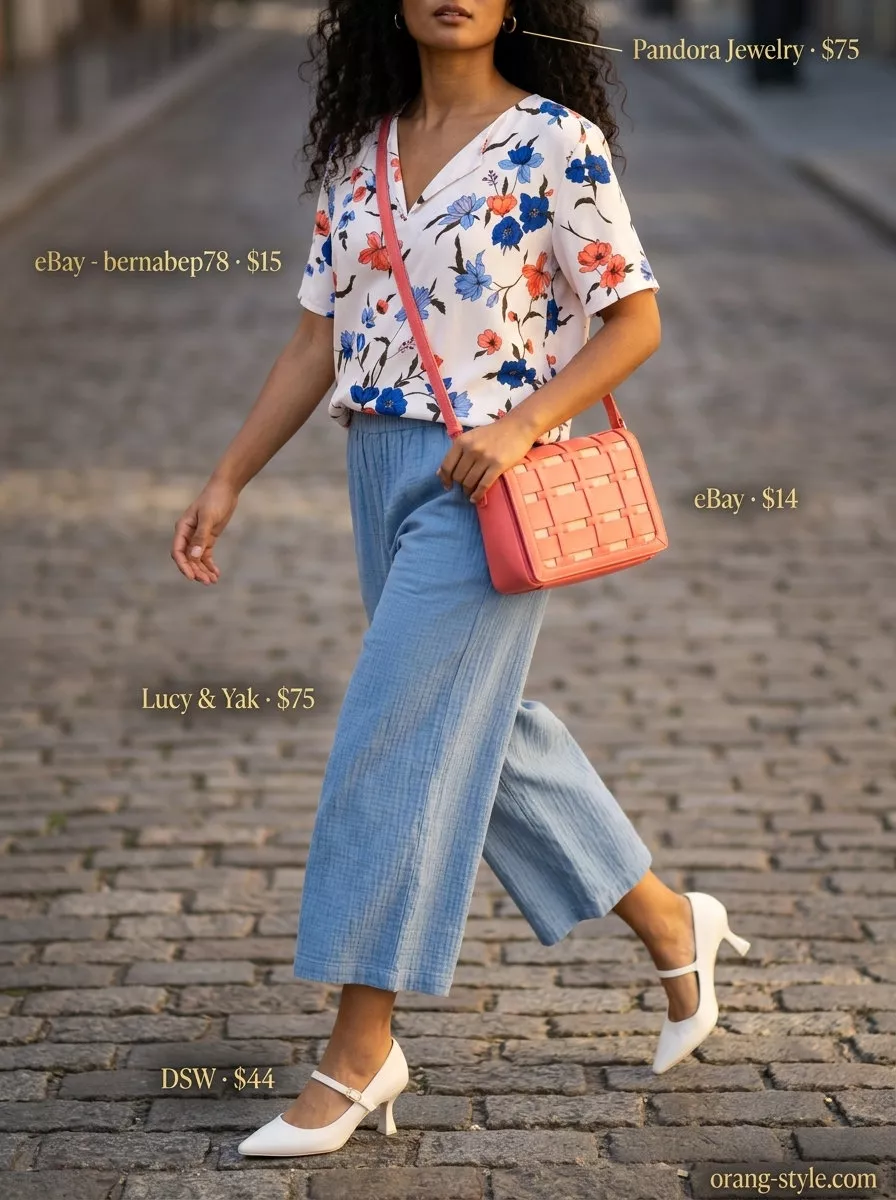 Playful light blue cotton culottes for women 2026, styled with a floral blouse and coral bag for brunch.