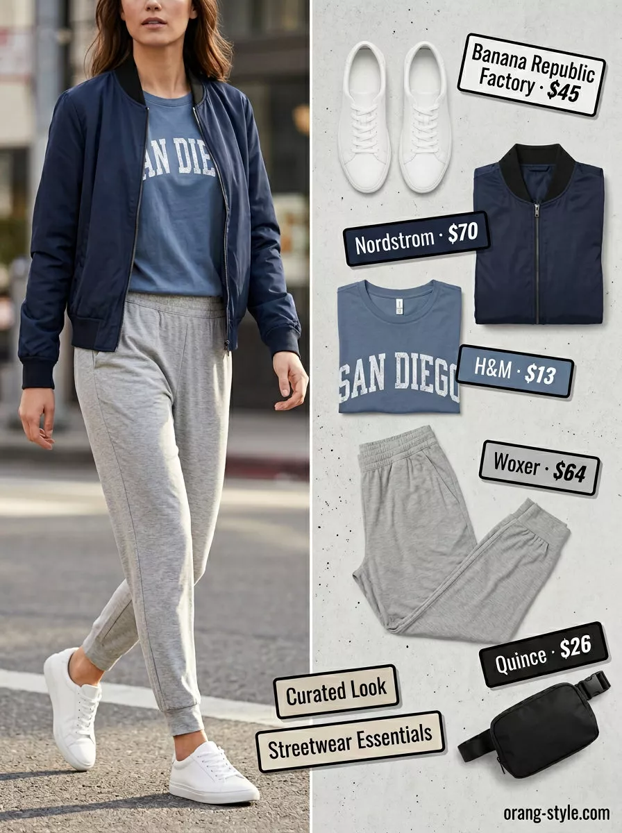 Comfortable light grey joggers for women 2026, paired with a graphic tee and bomber jacket for travel.