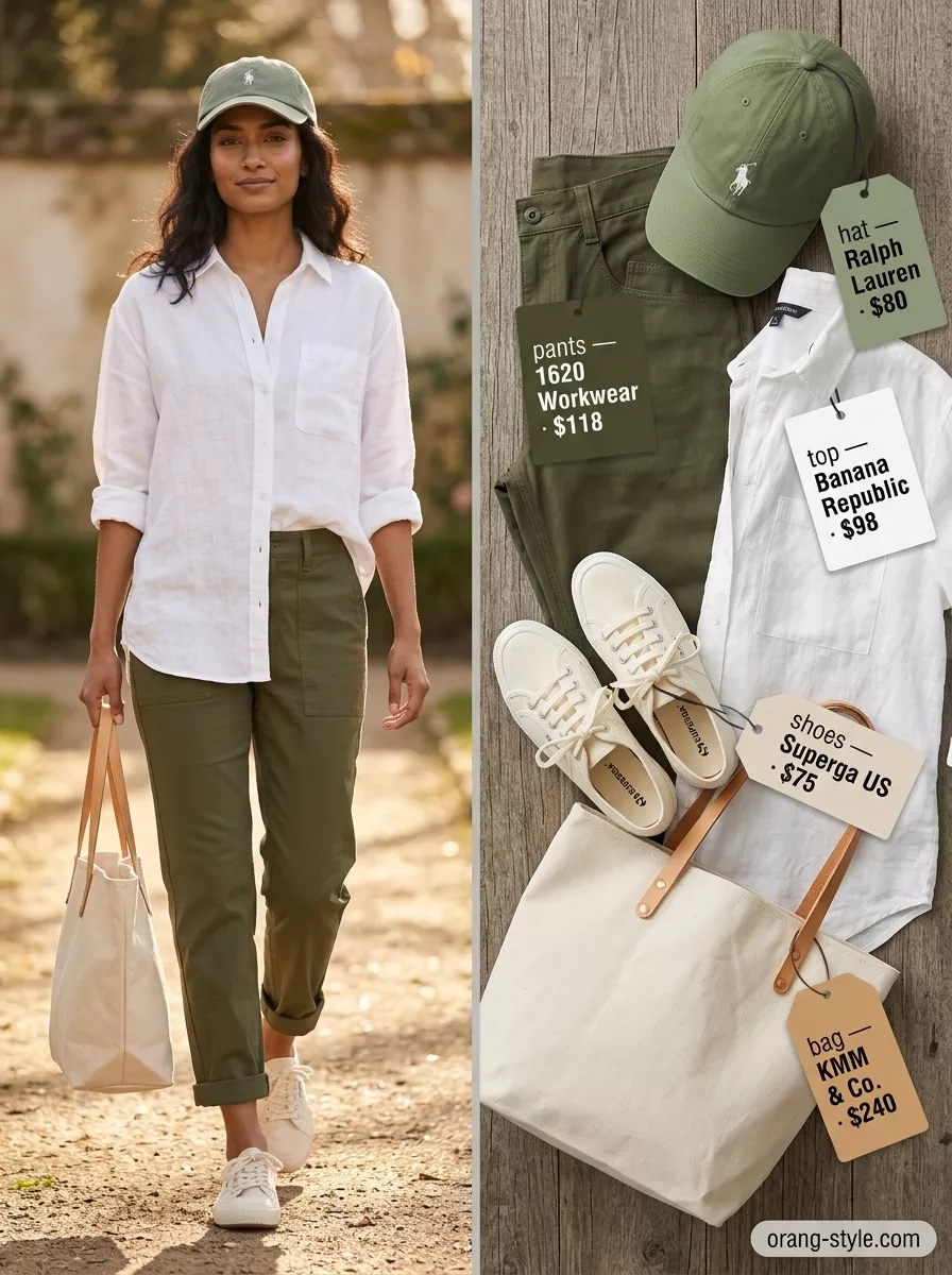 Summer cotton pants for women 2026: Olive green cotton pants, oversized linen shirt, and canvas tote for weekend markets.