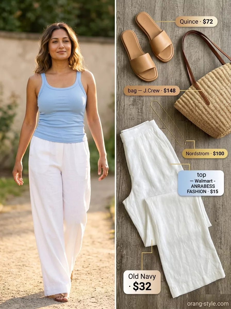 Crisp white wide-leg cotton pants for coastal days. Style with fitted tank and straw tote.
