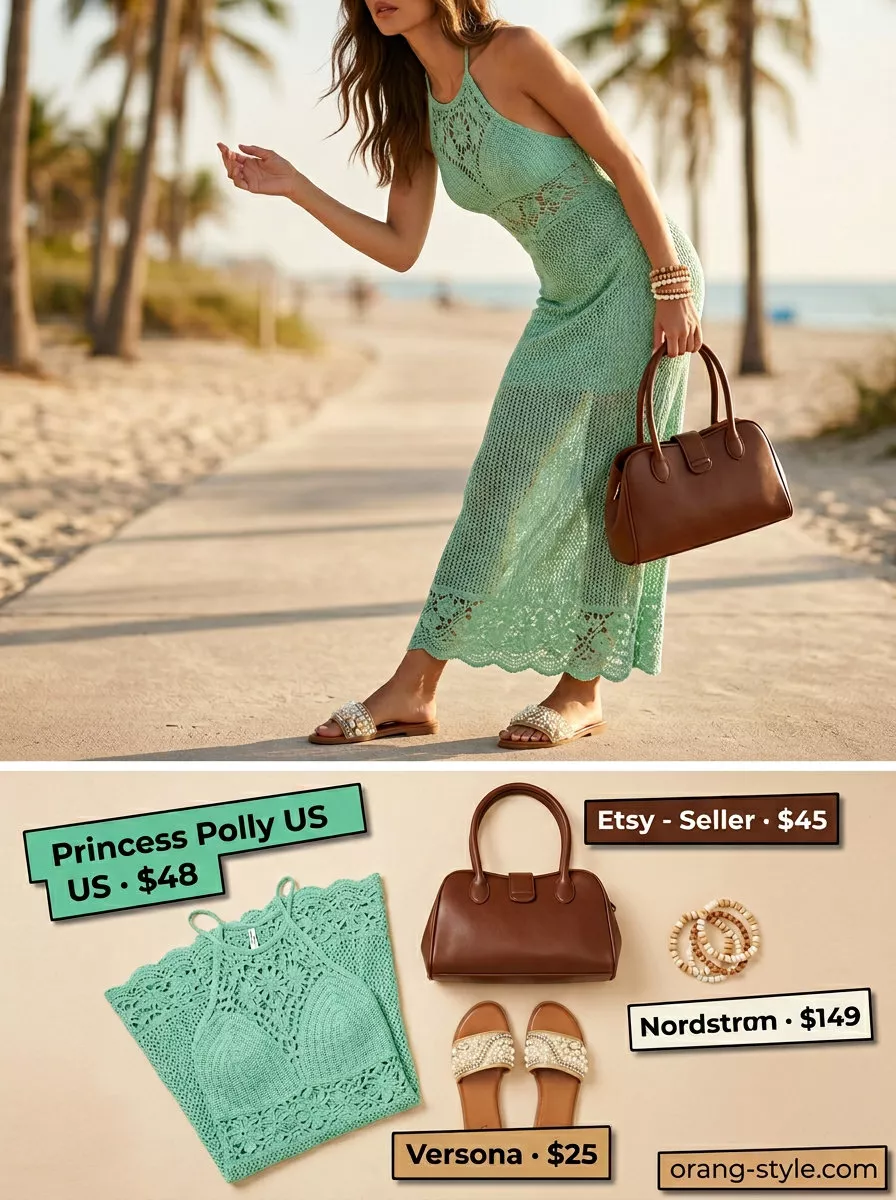 Sky blue crochet maxi dress outfits for women 2026, perfect for beach vacations and summer festivals.