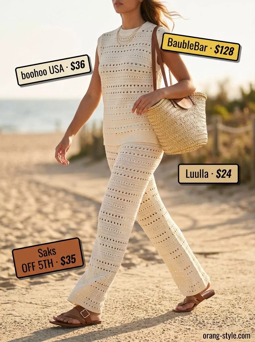 Bohemian cream crochet matching set for women 2026, perfect for beach days and casual brunch.