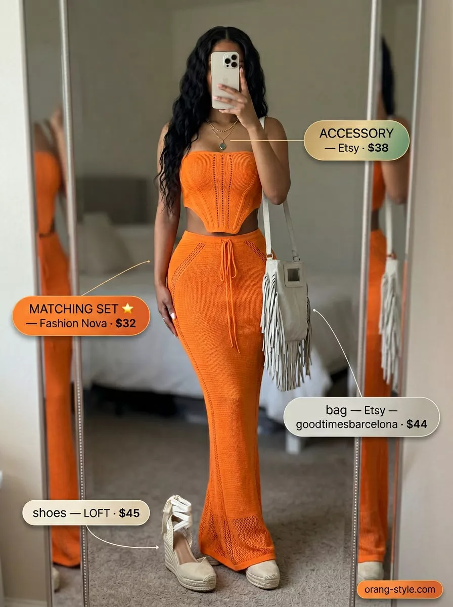 Terracotta crochet matching set for women 2026, perfect for summer festivals. Styled with espadrilles.