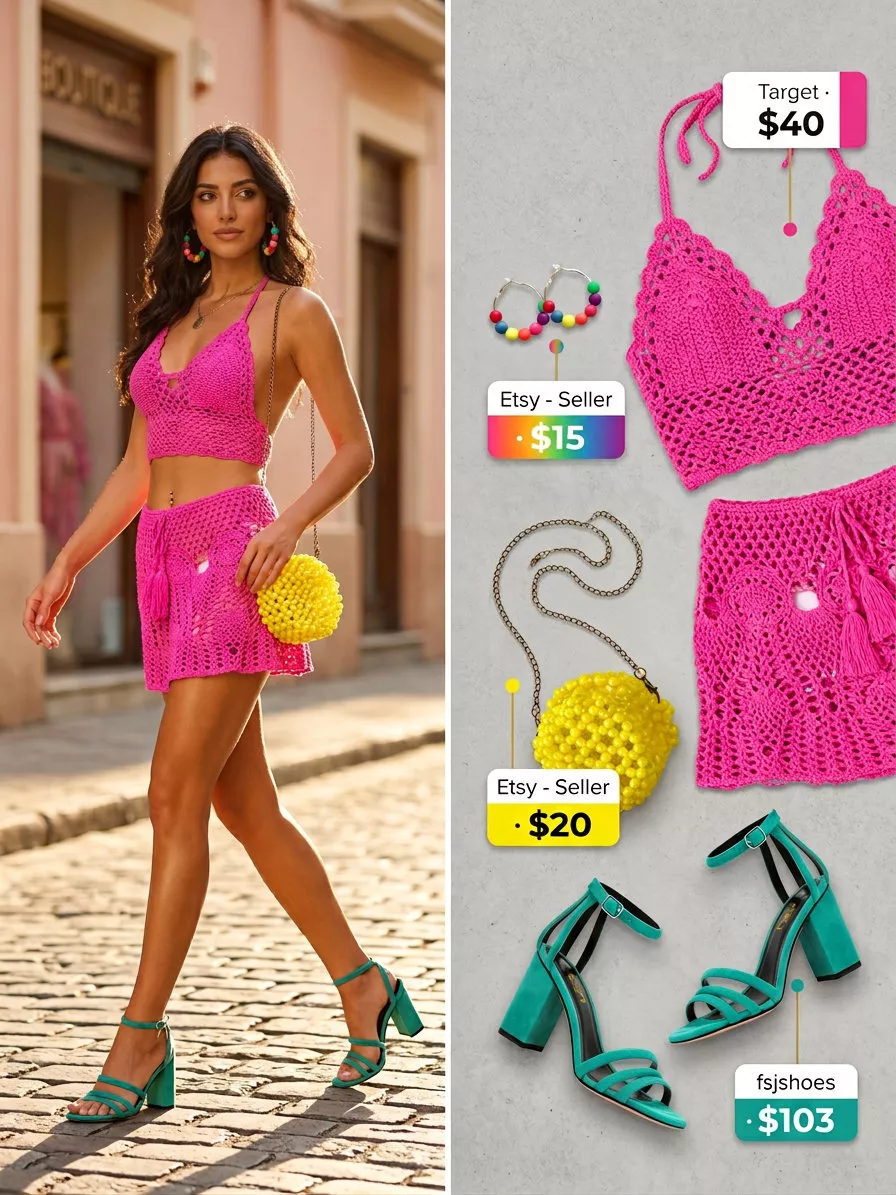 Playful hot pink crochet matching set for women 2026, ideal for summer parties and festivals.
