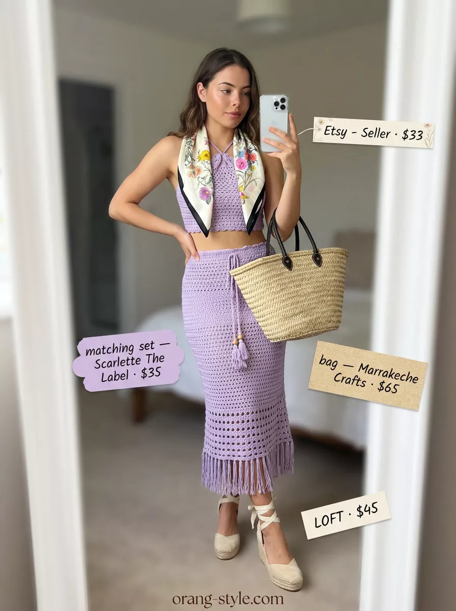 Lilac crochet matching set outfits for women 2026, perfect for garden parties and summer weddings.