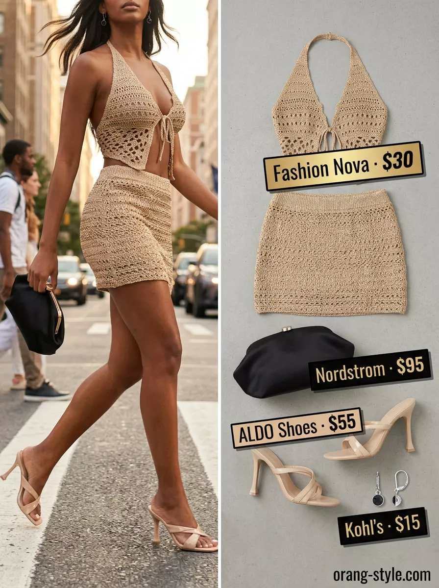Gold crochet matching set outfits for women 2026, ideal for cocktail parties and glamorous summer evenings.