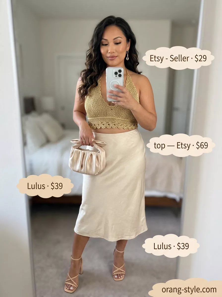 Gold metallic crochet matching set outfits for women 2026, ideal for evening events and summer parties.