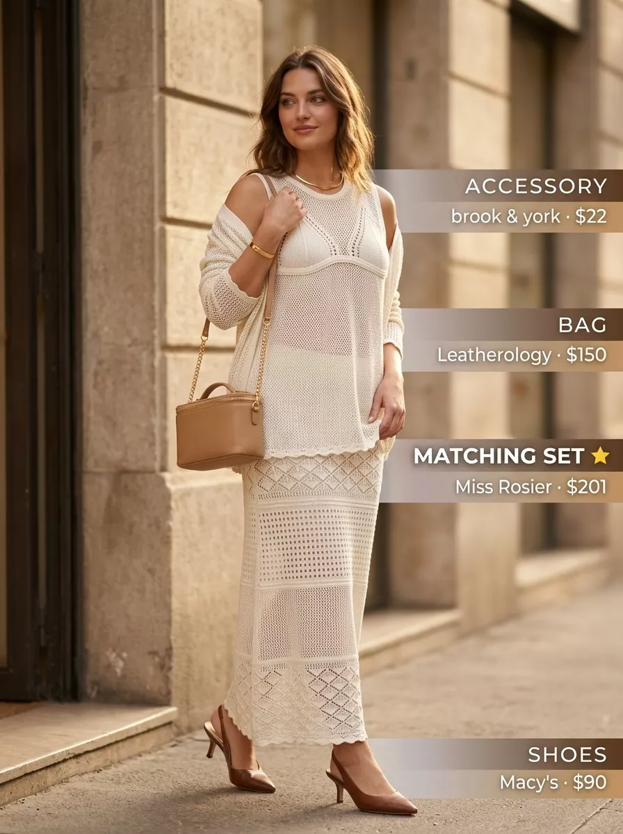 Ivory crochet matching set for women 2026, perfect for summer dinner or cocktail parties. Styled with camel heels.