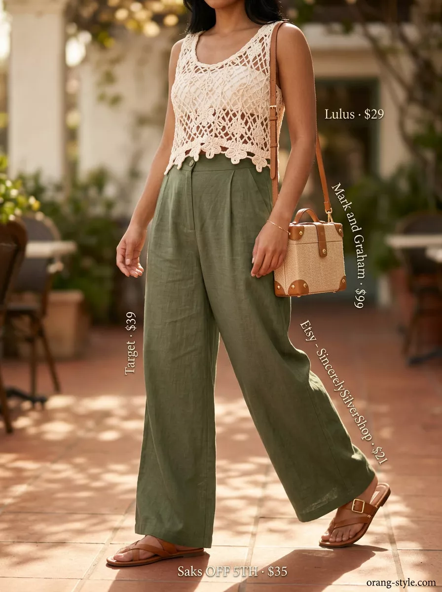 Olive green crochet tank top for women 2026, paired with linen pants for a relaxed chic look.