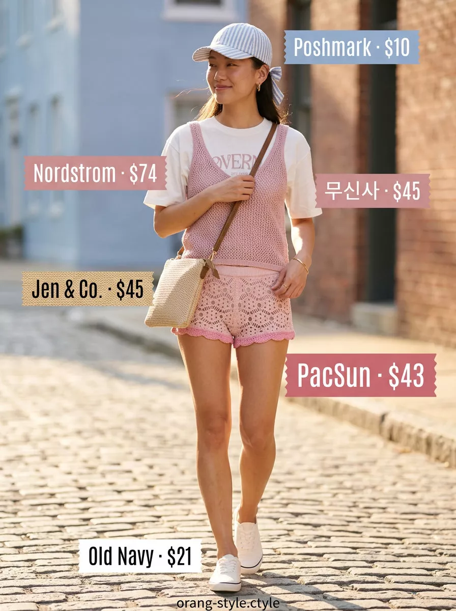 Pastel pink crochet shorts for women 2026, styled with a graphic tee and sneakers for casual wear.