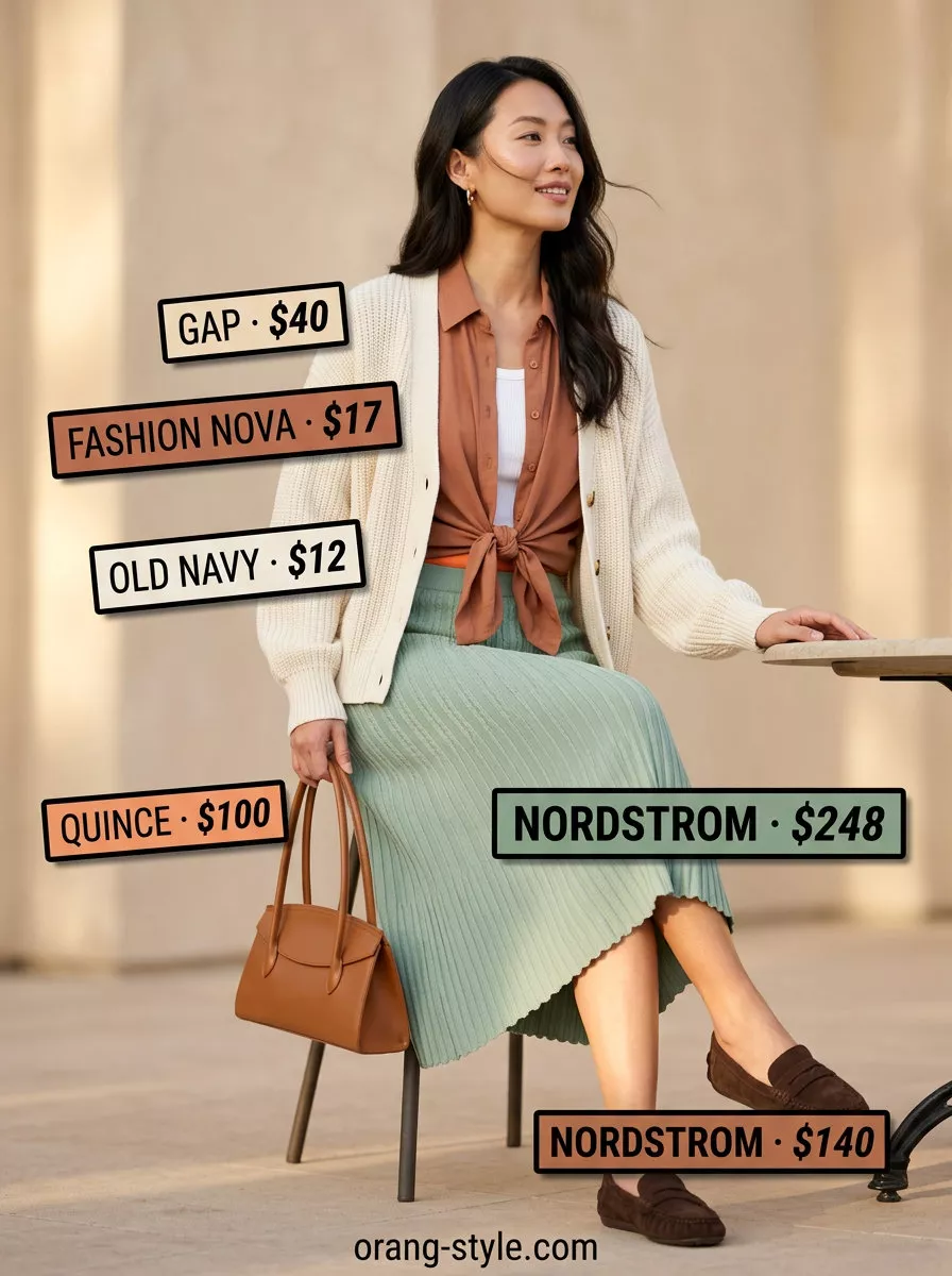 Sage green crochet midi skirt for women 2026, styled with a cardigan for cooler evenings.