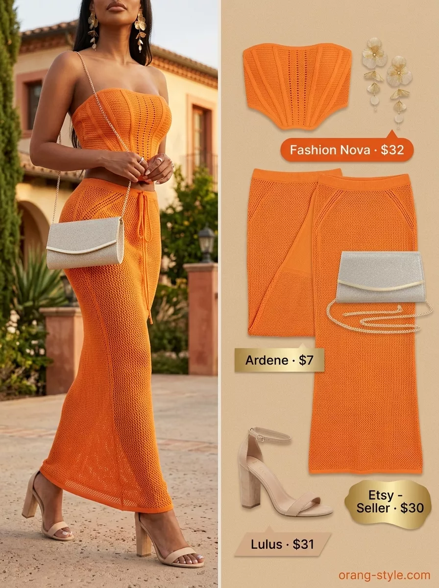 Terracotta crochet matching set outfit for women 2026, perfect for evening summer events and date nights.