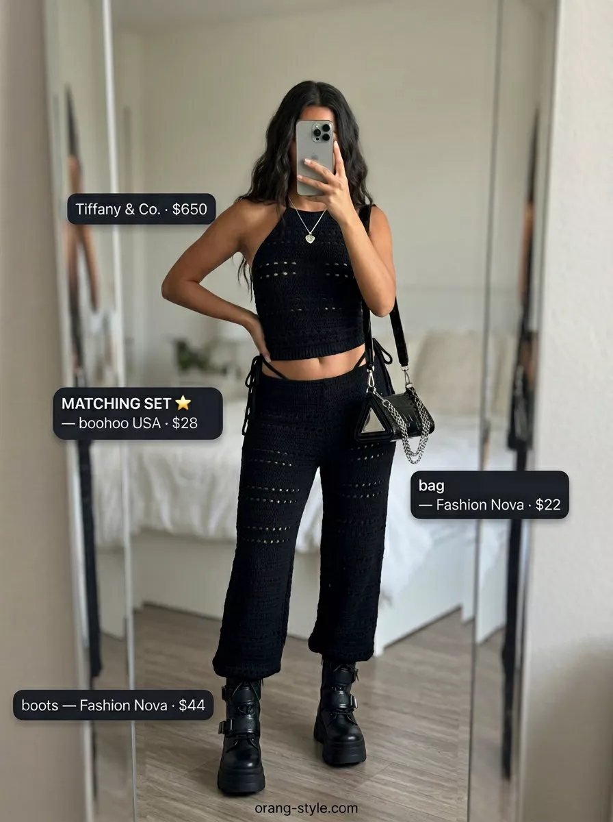 Edgy black crochet matching set for women 2026, ideal for city exploration and street style.