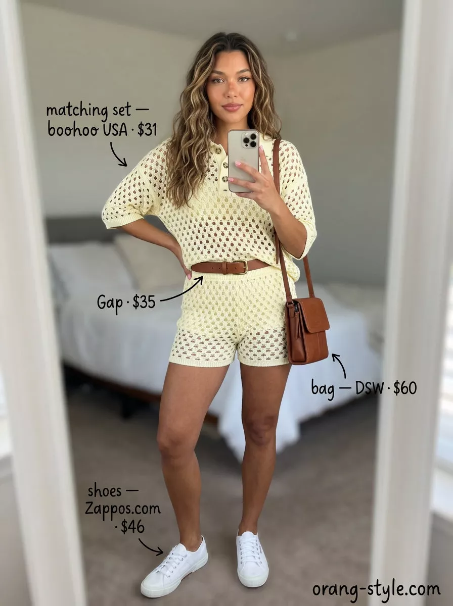 Beige crochet matching set outfits for women 2026, perfect for weekend errands and casual summer days.