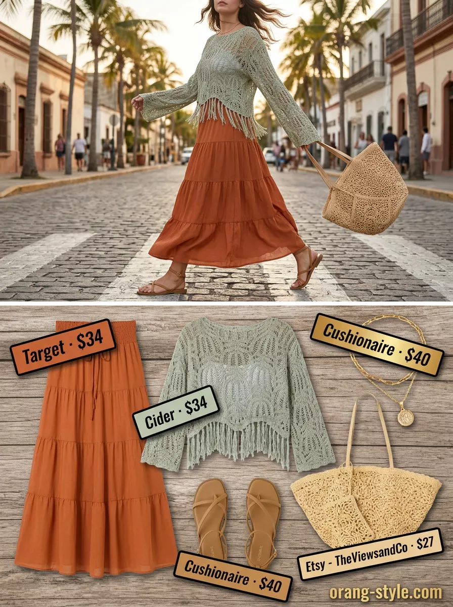 Boho sunset summer crop top with maxi skirt outfit 2026. Free-spirited festival style.