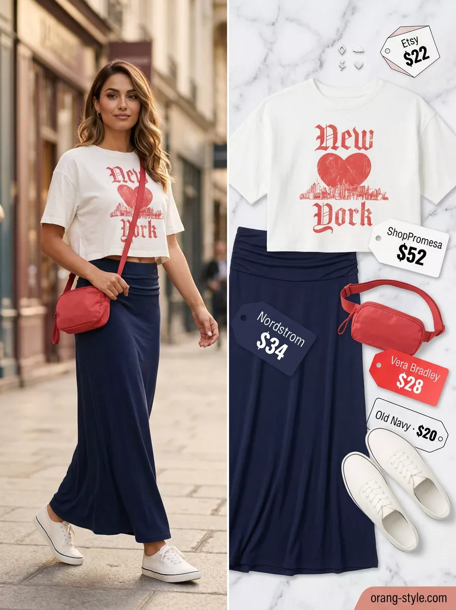 White graphic crop tee with navy blue maxi skirt for summer crop top with maxi skirt outfits 2026 weekend casual.