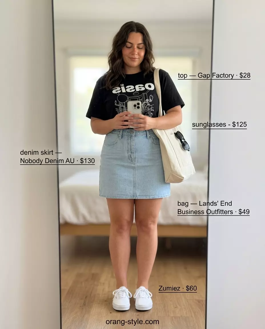 Casual Cool Denim skirt outfit 2026: Light wash denim skirt, graphic tee, canvas sneakers & tote bag for picnics.
