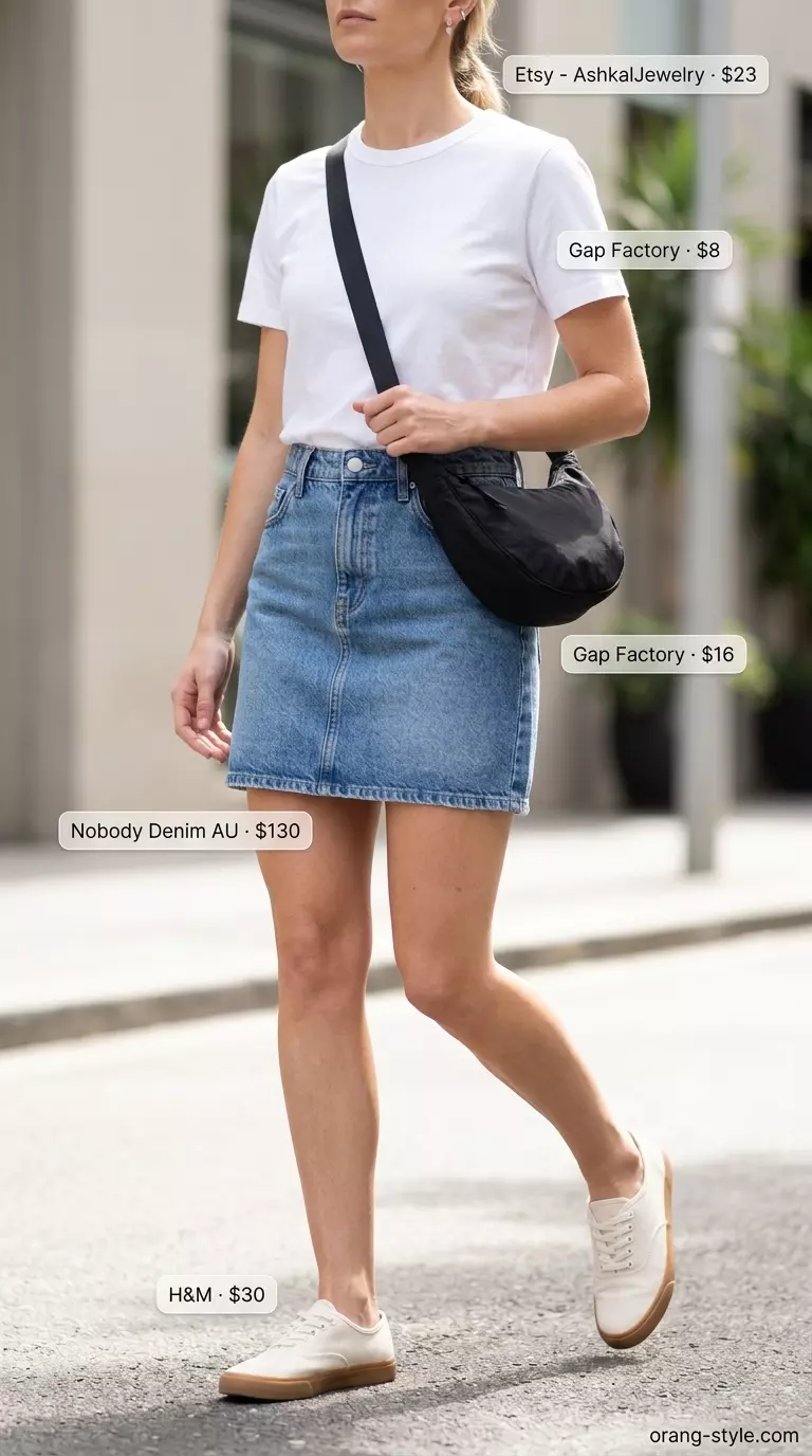 Casual Cool Denim skirt outfit 2026: Mid-wash denim skirt, white tee, sneakers & crossbody for everyday errands.