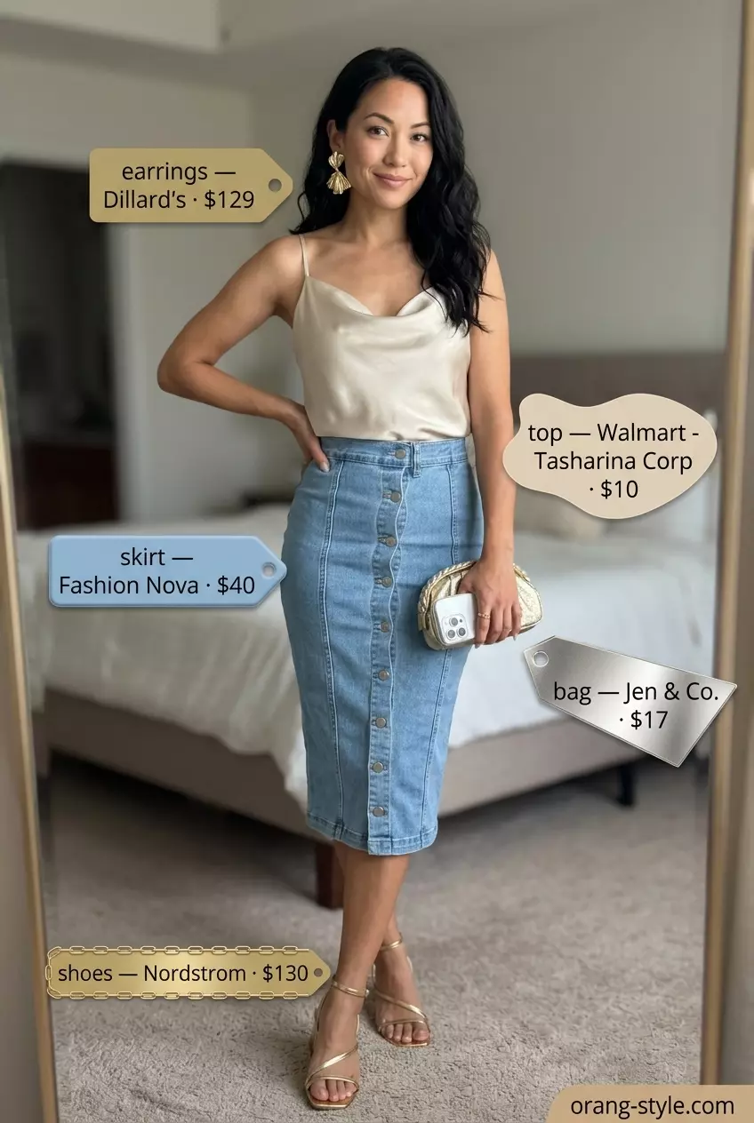 Chic Summer Evening Denim skirt outfit 2026: Dark wash denim skirt, champagne camisole, gold heels & clutch.