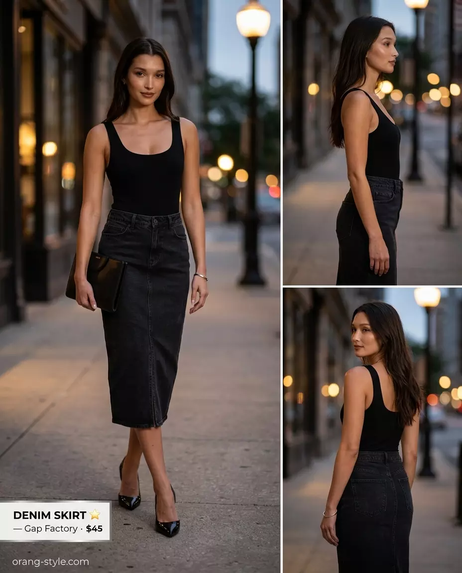 Modern Minimalist Denim skirt outfit 2026: Dark blue denim pencil skirt, black bodysuit, clutch & heels for a chic evening.