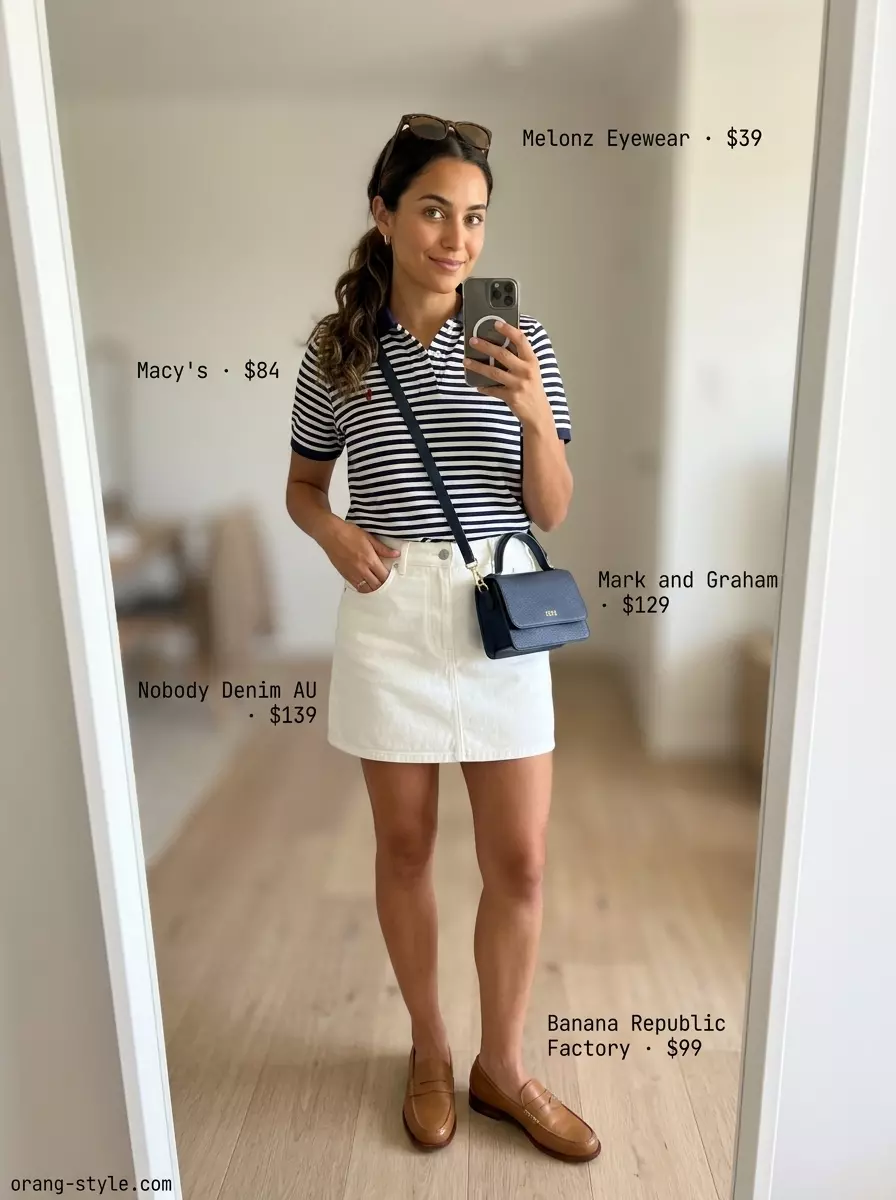 Preppy Denim skirt outfit 2026: White denim skirt, striped polo, loafers & crossbody for a polished weekend brunch.