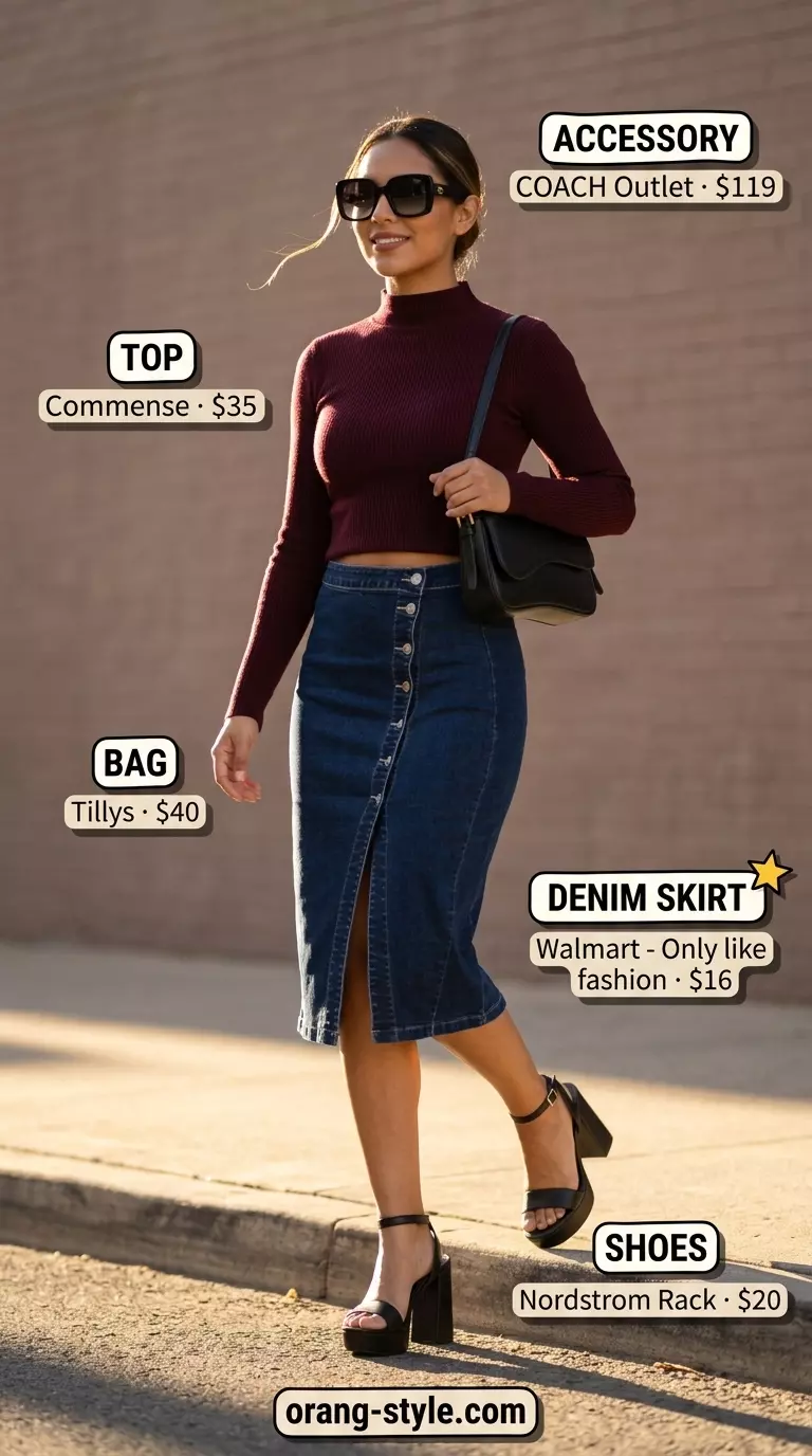 Retro Denim skirt outfit 2026: Dark wash denim skirt, burgundy turtleneck, platform sandals for a vintage summer evening.