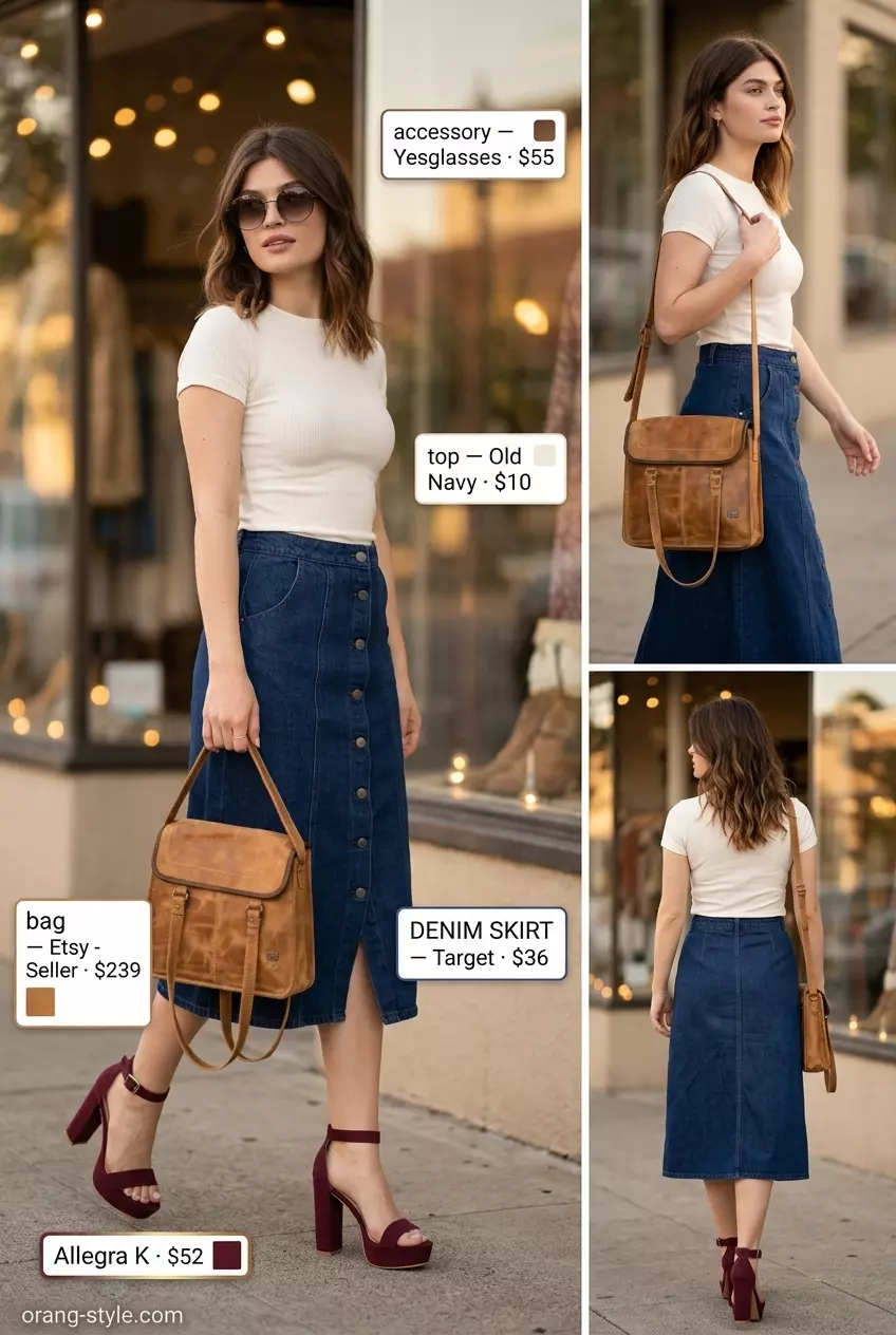 Retro Vibes Denim skirt outfit 2026: Dark wash midi skirt, cream top, platform sandals & vintage bag for summer evenings.