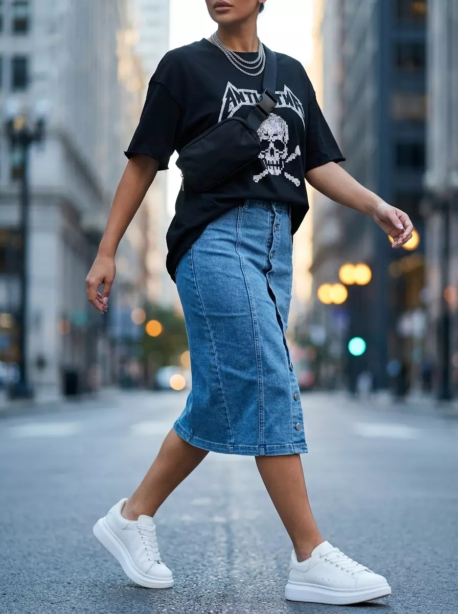 Urban Explorer Denim skirt outfit 2026: Medium wash denim skirt, graphic tee, chunky sneakers & belt bag.