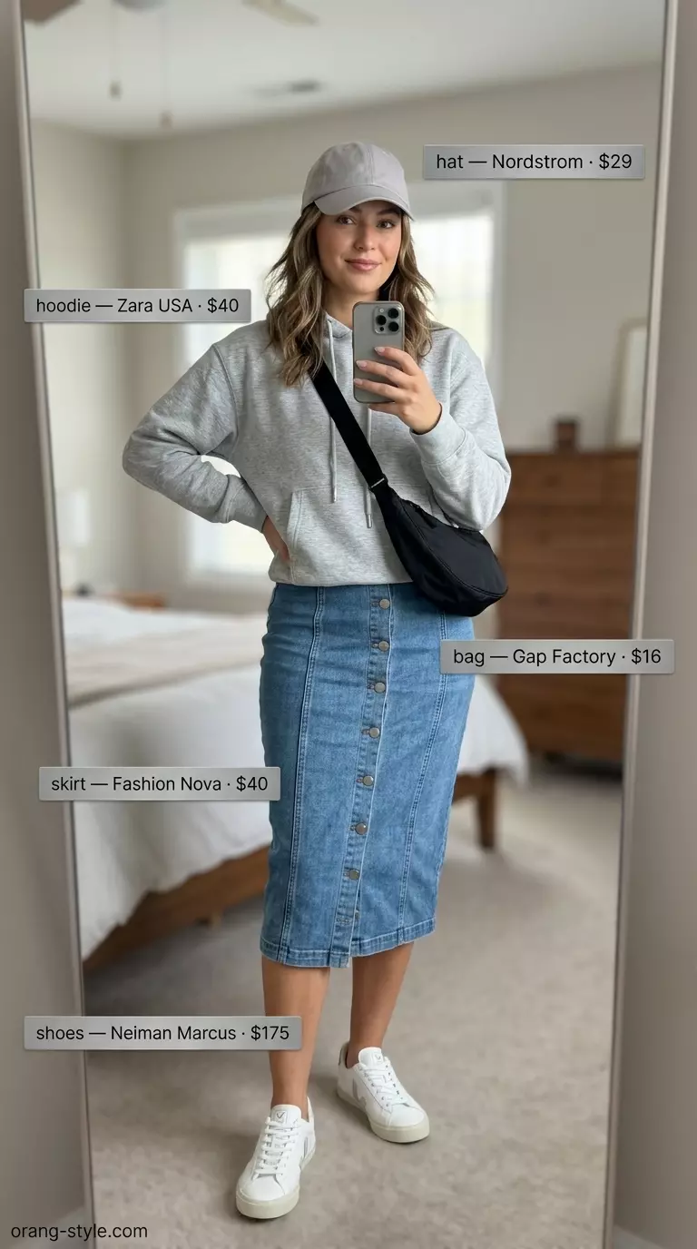 Athleisure denim skirt outfit 2026 with a grey hoodie, fashion sneakers, and crossbody bag.