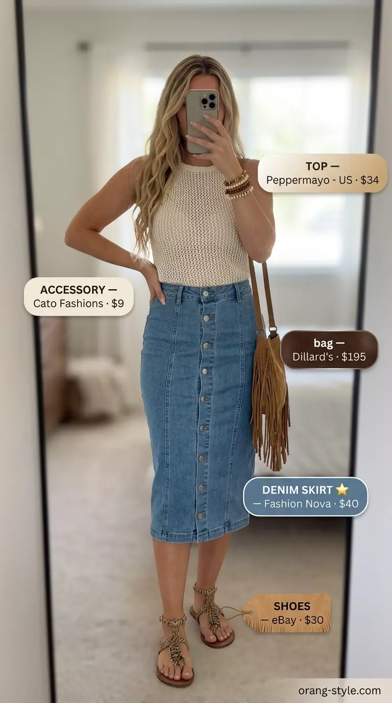 Boho summer denim skirt outfit 2026 with a crochet top, fringe sandals, and stacked bracelets for festivals.