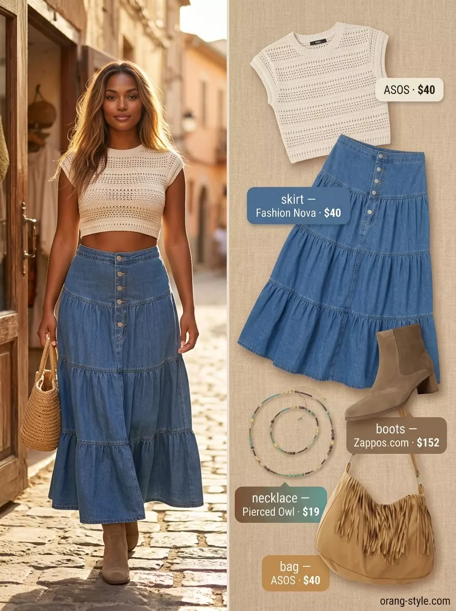 Boho summer denim skirt outfit 2026: Crochet top, fringe bag, layered necklaces, suede boots.