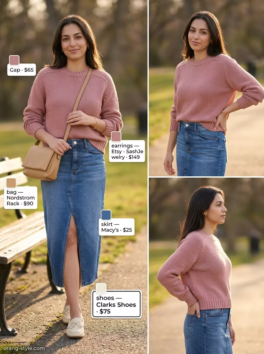 Weekend brunch summer denim skirt 2026: Knit sweater, loafers, crossbody bag, gold jewelry.