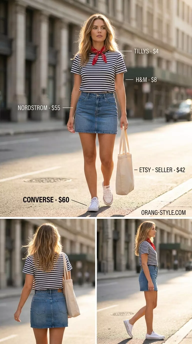 Casual cool summer denim skirt 2026: Striped tee, canvas sneakers, bandana, tote bag.