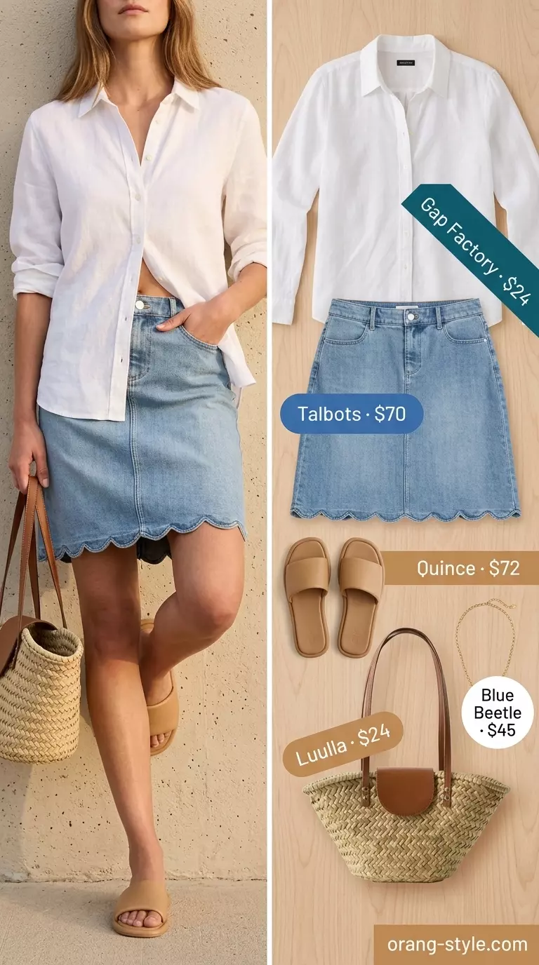 Effortless summer denim skirt outfit 2026 with a white linen shirt, straw tote, and leather slides for beach days.