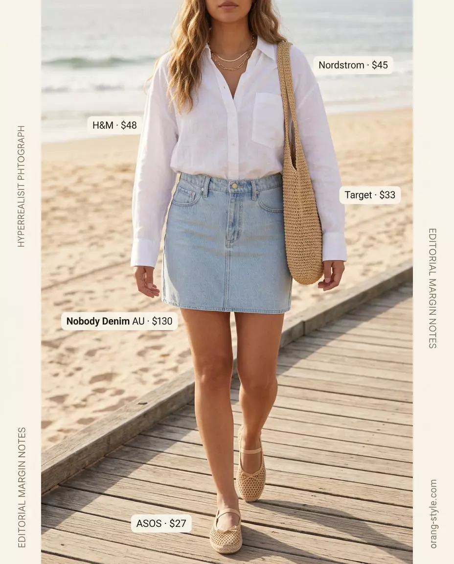 Coastal summer denim mini skirt outfit 2026 with an oversized linen shirt, espadrilles, and straw tote.