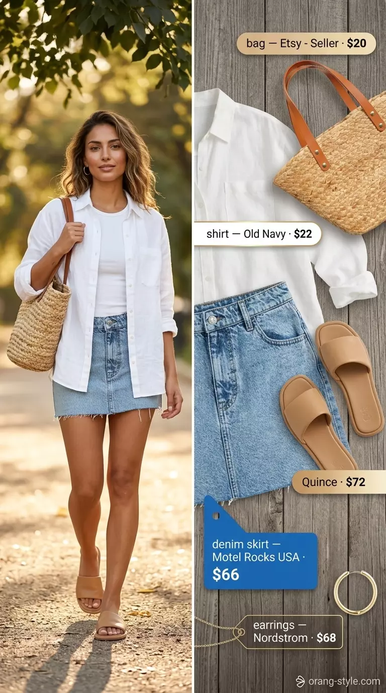 Coastal breeze summer denim skirt 2026: Oversized linen shirt, straw tote, flat sandals.