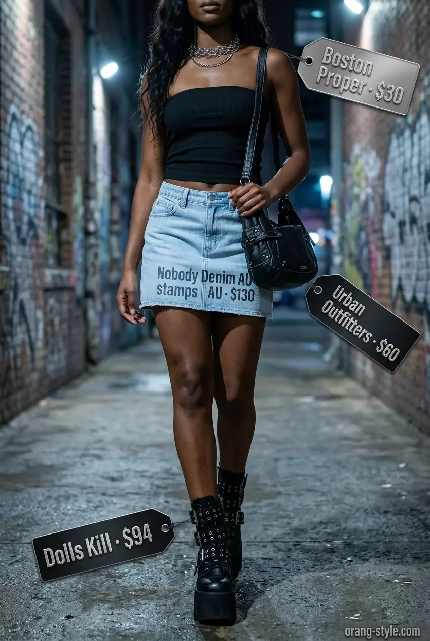 Edgy summer denim skirt outfit 2026 with a black bandeau top, combat boots, and silver necklace.